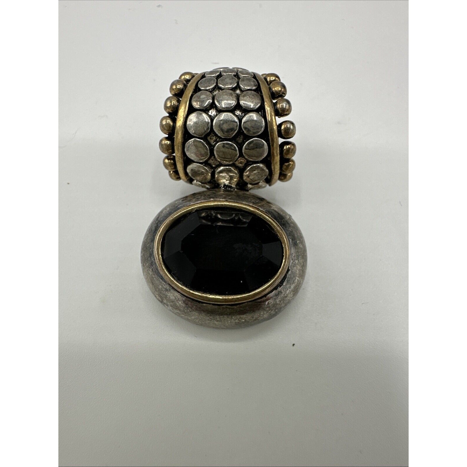 Costume Jewelry Necklace Pendant Bicolor Gold Silver Faceted Black Stone Boho 9$